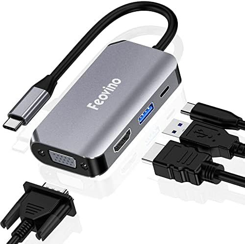 USB-C-HDMI-VGA Adapter USB3.0 / USB-C PD Töltő Port, Feovino 4 az 1-ben Típus C-Hub Többportos Adapter (Alumínium Shell) Kompatibilis