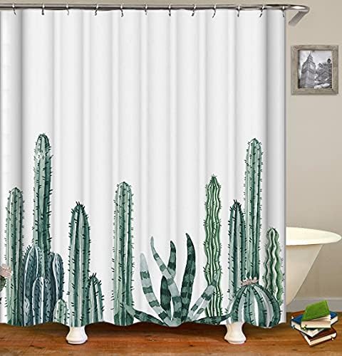 Trópusi Kaktusz Zuhanyzó Függöny Szövet Természetes Egyedülálló Fehér Zöld Poliészter Szövet Nyomtatás Fürdőszoba Függöny 72x72